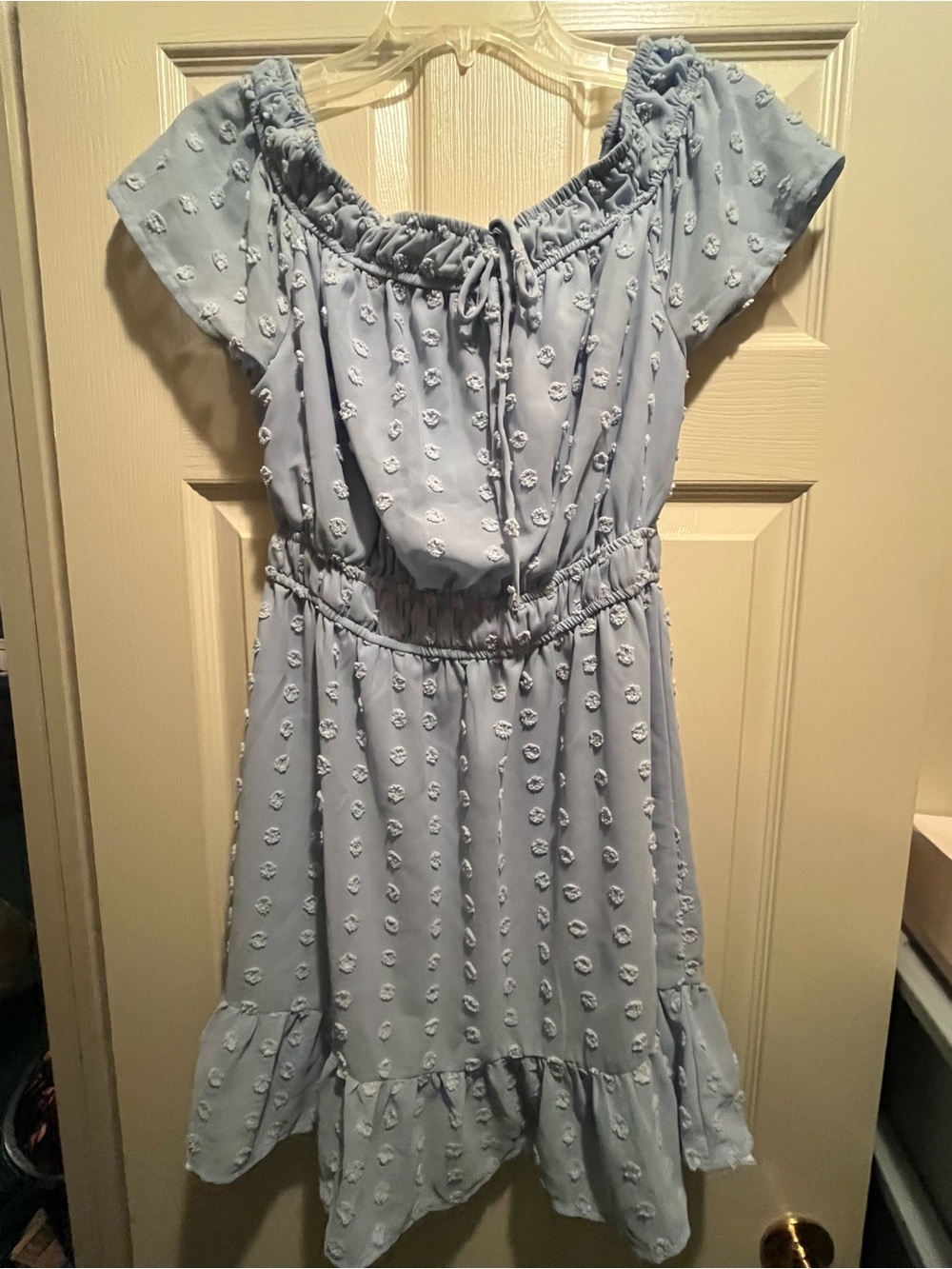 Indulge Blue Solid Off Shoulder Smocked Ruffle Hem Mini Short Sleeve Dress L